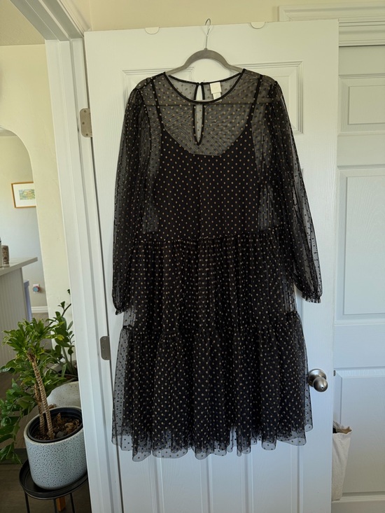 H&M Dresses & Skirts - H&M Black Sheer Polka Dot Tiered Midi Long-Sleeve Dress